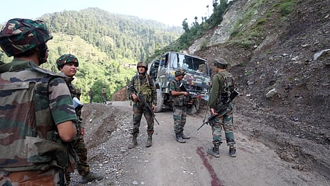  Indian Army personnel during a counter-terror operation after terrorists ambushed an Army convoy, in Kathua district on Tuesday.
