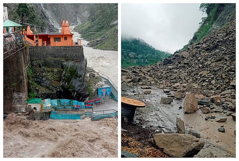 Alaknanda river after its water level rose following heavy rainfall in upper reaches, near Badrinath Temple, in Chamoli district, Saturday, July 6, 2024. (L) Badrinath National Highway blocked by debris, in Chamoli district, Saturday, July 6, 2024.(R)