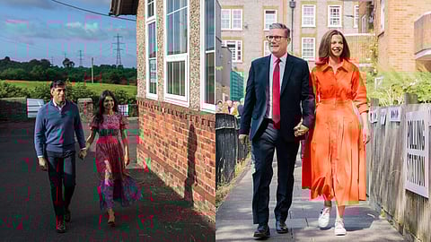 Prime MInister of the UK Rishi Sunak with his wife (L), Labour Party leader Keir Starmer with his wife (R) heading to the polling station to cast their votes in the crucial national elections on July 4, 2024.