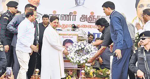BSP national president Mayawati paying homage to the party’s Tamil Nadu chief K Armstrong in Chennai on Sunday