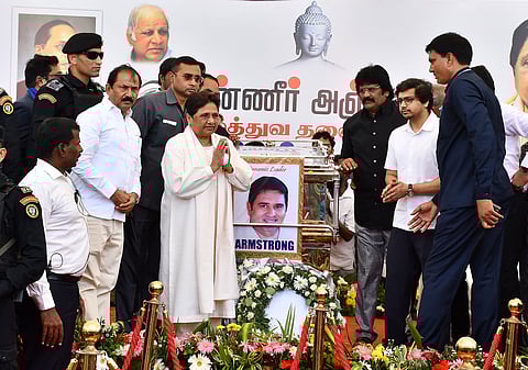 Bahujan Samaj Party (BSP) chief Mayawati paying her last respects to the mortal remains of party leader K. Armstrong, who was hacked to death by a six-member gang, in Chennai.