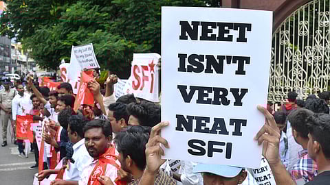 Student union leaders stage protest as part of nation wide bandh call given by Student associations against the irregularities in NEET.