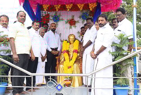 The restored statue of Tamil scholar Maraimalai Adigal at Thambithurai Park in Nagapattinam on Monday 
