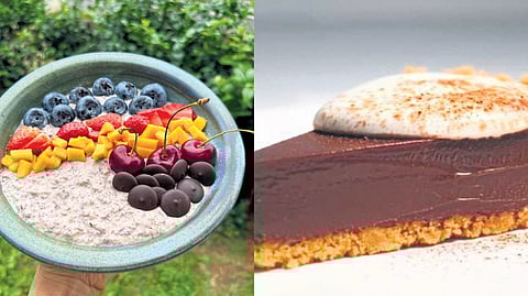 Millet chia choco bowl with yoghurt & fruits (L), No-Bake Chocolate Tart  (R)