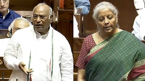 Leader of Opposition in Upper House Mallikarjun Kharge and Union Finance Minister Nirmala Sitharaman address the Rajya Sabha on Wednesday.