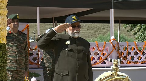 Prime Minister Narendra Modi pays homage at the Kargil War Memorial on the occasion of the 25th anniversary of the Kargil Vijay Diwas, in Dras