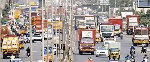 Traffic congestion is commonplace on GNT road on the Madhavaram-Red Hills national highway stretch 