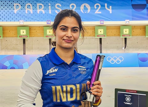 India's Manu Bhaker at the 10m Air Pistol Women's Final event at the Summer Olympics 2024, in Chateauroux, France, Sunday, July 28, 2024.