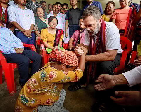 Congress MP Rahul Gandhi during his visit to Churachandpur relief camp, in Manipur, Monday, July 8, 2024. 
