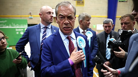 Reform UK leader Nigel Farage reacts after being elected to become MP for Clacton at the Clacton count centre in Clacton-on-Sea, eastern England, early on July 5, 2024.