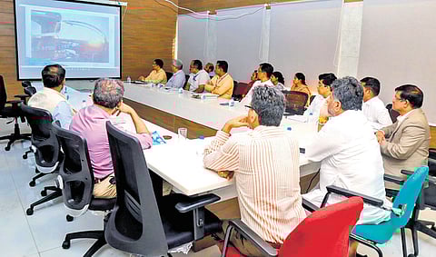 Deputy Chief Minister DK Shivakumar at a meeting with officials of various civic agencies on Thursday evening.