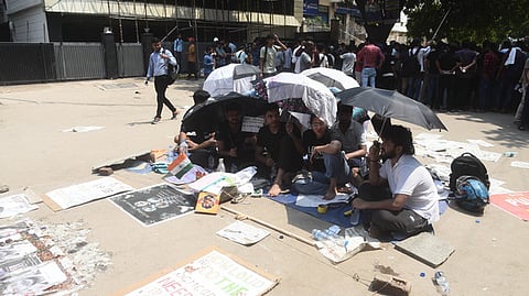 Students protest outside the IAS coaching institute in Old Rajinder Nagar, where 3 UPSC aspirants died due to drowning on 30th July, in New Delhi.