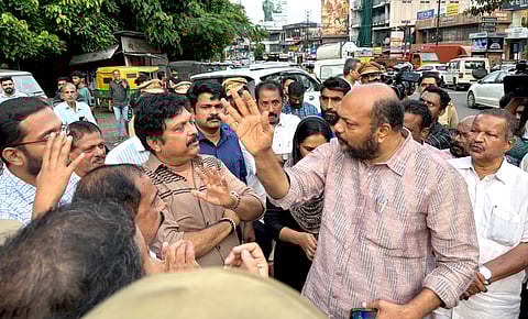 Ministers P Rajeeve and KB Ganesh Kumar visiting HMT junction to study traffic congestion issues on Saturday
