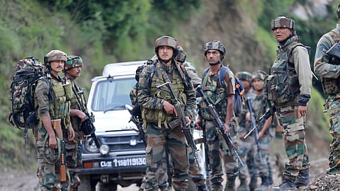 Army personnel during a counter-terror operation following a terrorist attack on an Army convoy, in Kathua district.