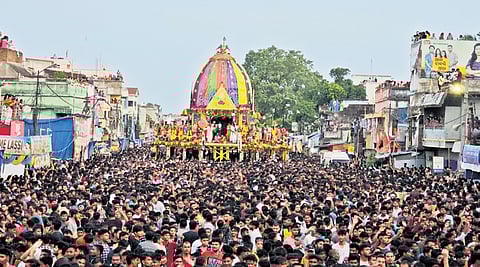 The congregation of devotees to pull the chariots in Baripada on Tuesday 