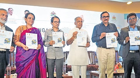 Minister of Irrigation and Science and Technology, NS Boseraju, with Prof Navakanta Bhat, PS Anil Kumar and others during the Launch of the 13th edition of Bengaluru India Nano-2024