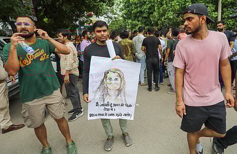 Students protest after three civil services aspirants died at a coaching centre due to drowning in Old Rajendra Nagar area, in New Delhi, Monday, July 29, 2024. 