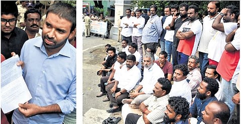 Ch Mohith Reddy shows the notice served on him (left); Bhaskar Reddy stages a sit-in at SVU police station in Tirupati