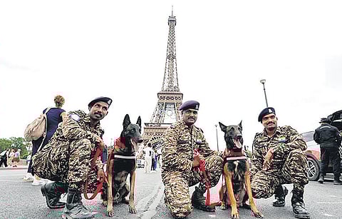 CRPF’s canines Vast and Denby, along with three handlers, in Paris on Wednesday 
