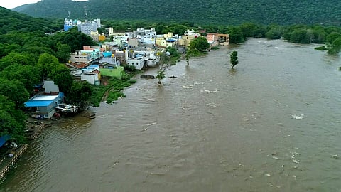 Water level in Cauvery River in Hogenakkal surged to 70,000 cuses by Saturday evening following rain along its catchment areas.
