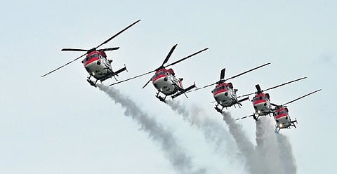 Sarang helicopter display team performed a breathtaking aerial display at Shanghumugham Air Force base