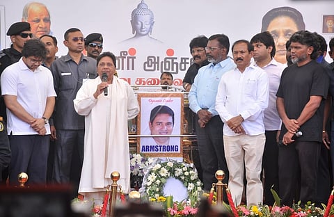 Bahujan Samaj Party (BSP) chief Mayawati speaks after paying her last respects to the mortal remains of party leader K. Armstrong, who was hacked to death by a six-member gang, in Chennai.