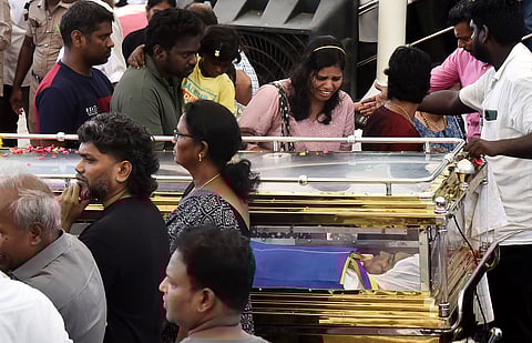 Bahujan Samaj Party (BSP) chief Mayawati speaks after paying her last respects to the mortal remains of party leader K. Armstrong, who was hacked to death by a six-member gang, in Chennai.