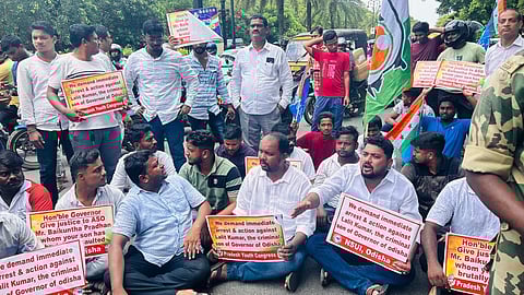 Protest by Congress workers demanding the immediate arrest of Guv Raghubar Das’ son Lalit Kumar for allegedly assaulting an assistant section officer.