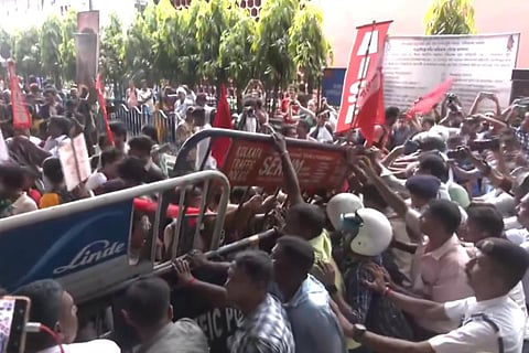 Left-aligned student unions and human rights organizations march near Bangladesh Deputy High Commission; activists decry security forces' actions against student protestors
