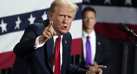 This combination photo shows Republican presidential nominee former President Donald Trump at an event, Aug. 15, 2024, in Bedminster, N.J., left, and Democratic presidential nominee Vice President Kamala Harris at a campaign event in Raleigh, N.C., Aug. 16, 2024. 