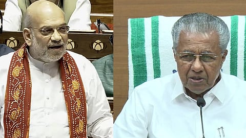 Union Home Minister Amit Shah speaks in the Rajya Sabha during the Monsoon session of Parliament(R) , Kerala CM Pinarayi Vijayan holds a press conference