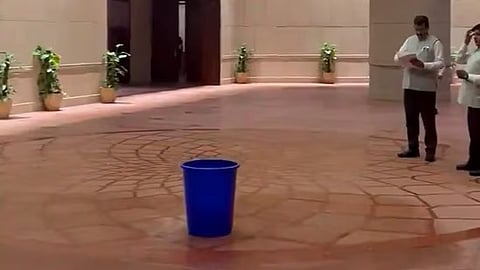Congress MP Manickam Tagore shared video of rainwater leakage in Parliament lobby.