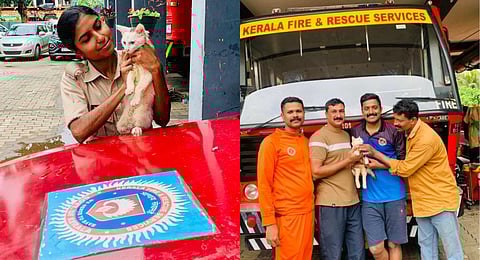 Nyla (cat) with staff at Kalpetta Fire Station