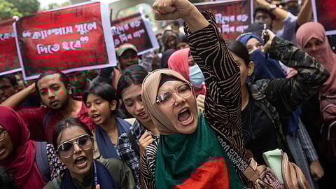 University students shout slogans during a protest to demand justice for the victims killed in the recent countrywide deadly clashes and ask for their campuses to be opened, in Dhaka, Bangladesh, Wednesday, July 31, 2024.