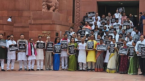 INDIA bloc protest at Makar Dwar, New Parliament against hike in GST on health and lfe Insurance.