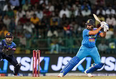 Rohit Sharma plays a shot during the first ODI against Sri Lanka (Photo | PTI)
