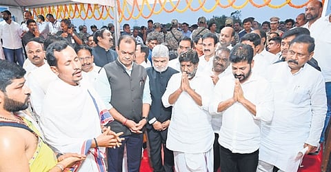 Chief Minister A Revanth Reddy and other ministers take part in the stone-laying ceremony of Young India Skill University at Mirkhanpet in Rangareddy district on Thursday