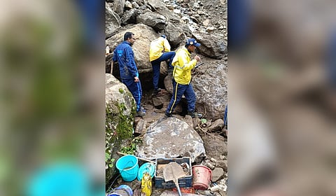Relief teams navigate treacherous terrain to reach stranded pilgrims.