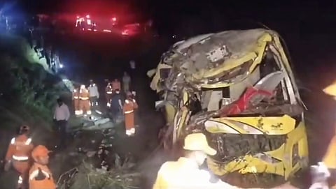 Rescue work underway after a collision between a double-decker bus and car on Agra Lucknow Expressway, late Saturday night, Aug. 3, 2024.