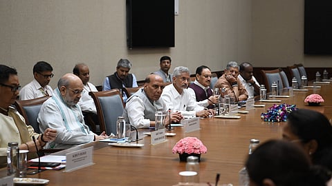 External Affairs Minister S Jaishankar, Defence Minister Rajnath Singh, Home Minister Amit Shah and other leaders during an All-Party meeting about the ongoing developments in Bangladesh, at Parliament in New Delhi.