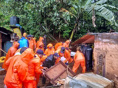 India Coast Guard Disaster Relief Team in coordination with Indian Army, Air force, Navy, NDRF and SDRF personnel carry out rescue operation after recent landslides triggered by rain, at Vellari Village in Wayanad district. 
