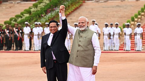 Prime Minister Narendra Modi with his Vietnamese counterpart Pham Minh Chinh before a meeting, at the Hyderabad House, in New Delhi, Thursday, August 1, 2024.
