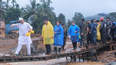 Congress leader Rahul Gandhi and Priyanka Gandhi at Chooralmala in Wayanad.