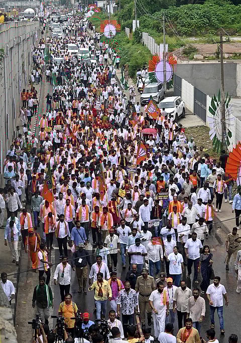 BJP and JD(S) leaders and supporters during the inauguration of Mysuru Chalo, a protest rally by BJP and JD(S) against the scams by the state government in Bengaluru on Saturday