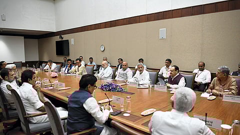 External Affairs Minister S Jaishankar, Defence Minister Rajnath Singh, Home Minister Amit Shah and other leaders during an All-Party meeting about the ongoing developments in Bangladesh, at Parliament in New Delhi.