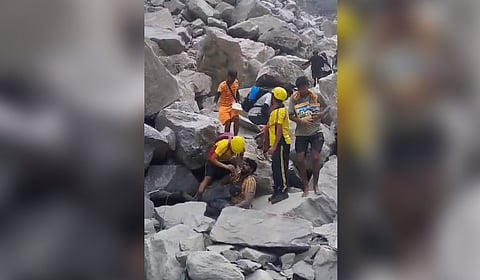 Helicopter being used to rescue stranded people following cloud-burst and heavy rains, at Bhimbali area, in Rudraprayag.