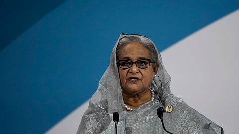 Prime Minister of Bangladesh Sheikh Hasina delivers a speech during the Paris Peace Forum, in Paris, Thursday, Nov. 11, 2021.