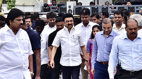  Chief Minister MK Stalin arrives to inspect the first of its kind sewage treatment plant,to be operated through mobile network, at kolathur constituency in Chennai on Monday