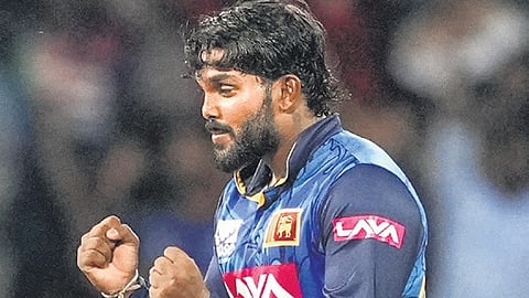 Waninidu Hasaranga celebrates an Indian wicket on Friday