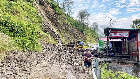 National highway blocked by debris near Nandprayag following heavy rains, in Chamoli district